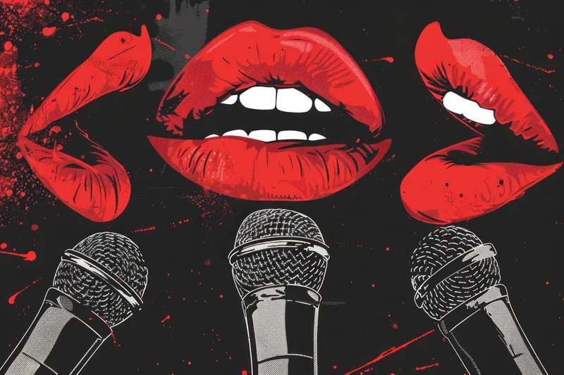 Музыкальные микрофоны и соблазнительные красные губы с надписью kiss me на черном фоне, чувственная красота в музыкальной индустрии