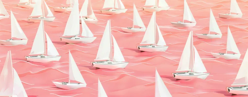 Парусные лодки в розовом море, 3D-иллюстрация в стиле бумажного искусства для тем путешествий и искусства