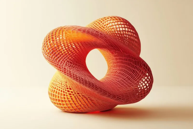 Эта выразительная абстрактная 3D-скульптура представляет собой замысловатые переплетающиеся формы ярких оранжевых и розовых цветов