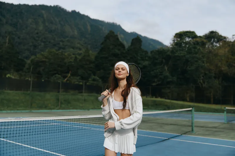 Energetic young female tennis player in a stylish sporty outfit, enjoying the game on a scenic outdoor court surrounded by lush greenery, exuding confidence and joy