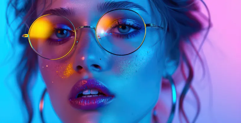 Неоновая красота: яркая молодая женщина европейской внешности в модной одежде и футуристических очках, с стильным, красочным макияжем и гламурной причёской, позирует в студии с кинематографическим…
