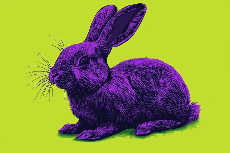 Причудливый фиолетовый кролик изображен на ярком зеленом фоне, подчеркивающем его очаровательное выражение и мягкую шерсть