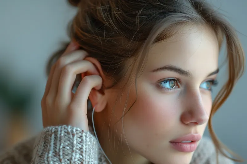 Привлекательная молодая женщина наслаждается музыкой в наушниках-вкладышах, устанавливая зрительный контакт с камерой в крупном плане портрета
