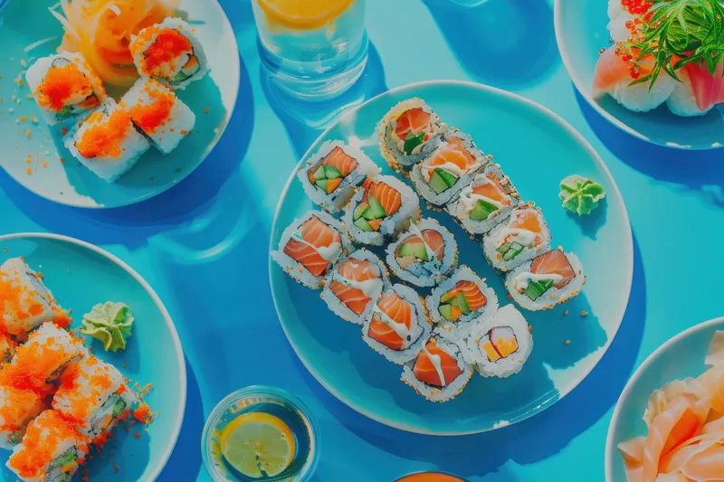 Разнообразие вкусных суши, представленное на синем столе со стаканом апельсинового сока, — кулинарное наслаждение