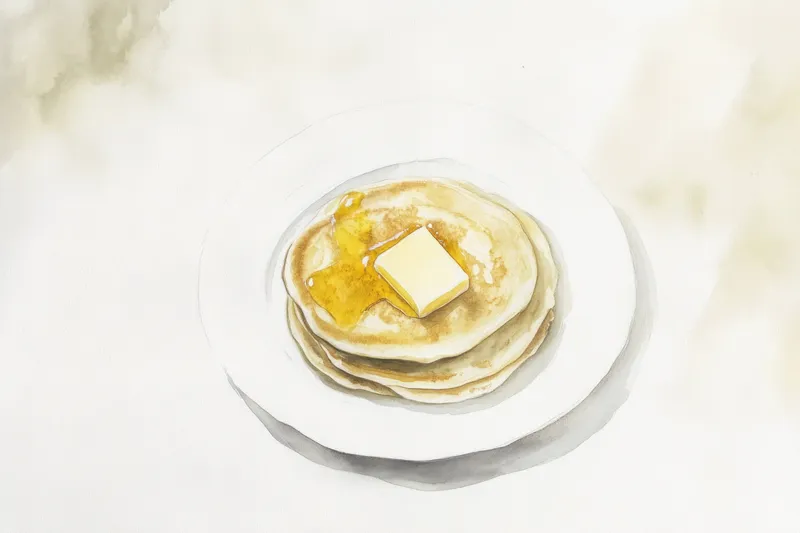 Побалуйте себя этими вкусными блинами с маслом и сиропом на белой тарелке, создающими теплую завтрачную атмосферу, идеально подходит для фуд-фотографии и сезонных рецептов