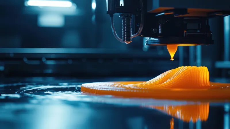 Крупный план экструдера 3D-принтера, выдавливающего ярко-оранжевый филамент, подчеркивающий сложный процесс технологии 3D-печати и демонстрирующий креативность, инновации и современный дизайн