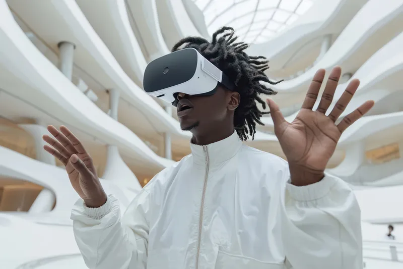 Погружение в виртуальную реальность: молодая женщина в футуристических VR-очках, полностью увлечённая киберразвлечениями
