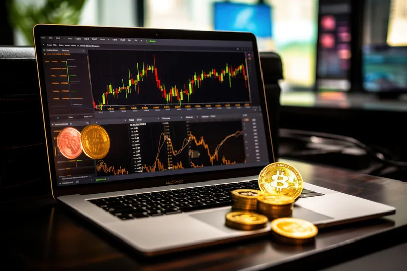 Торговля цифровой валютой: золотая монета Биткоин на фоне графика финансовых показателей