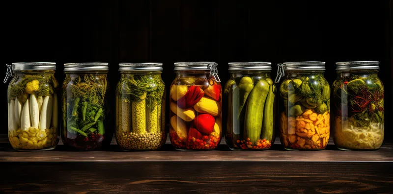 Банка с соленьями, бакалея, консервированное, вегетарианское, кулинария, органическое, диета, стекло, маринованный овощ, еда, перец, консервирование, огурец, деревянный, специя, фон, домашний…