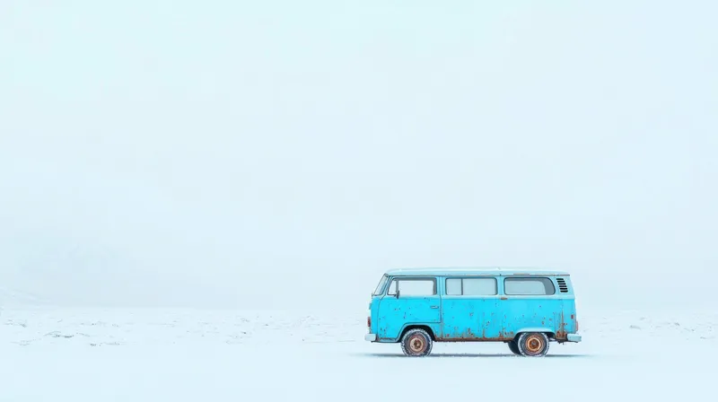 Винтажный синий фургон, расположенный в заснеженном пейзаже, создает умиротворенную зимнюю сцену