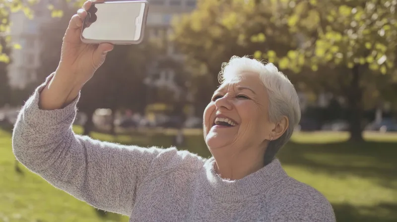 Радостная пожилая женщина делает селфи в оживленном парке, излучая счастье и теплоту