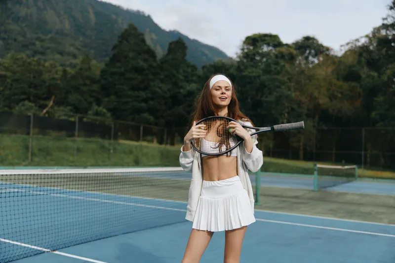 Active young woman in sporty attire celebrating her victory on a tennis court, showcasing emotions of joy and confidence under a bright sky, emphasizing a healthy lifestyle