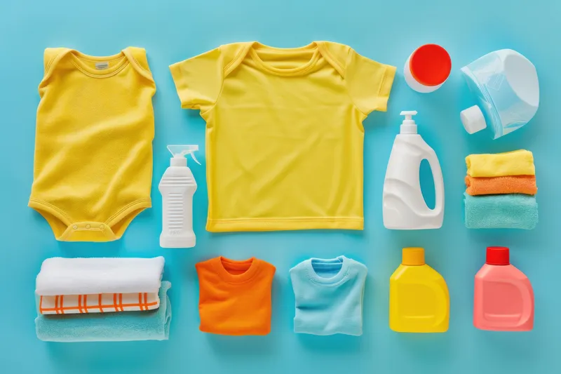 Композиция в стиле flat lay из желтой детской одежды, бутылочек с моющим средством и сложенных полотенец на ярко-голубой поверхности