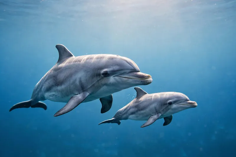 Дельфины плывут под водой в голубых лучах света