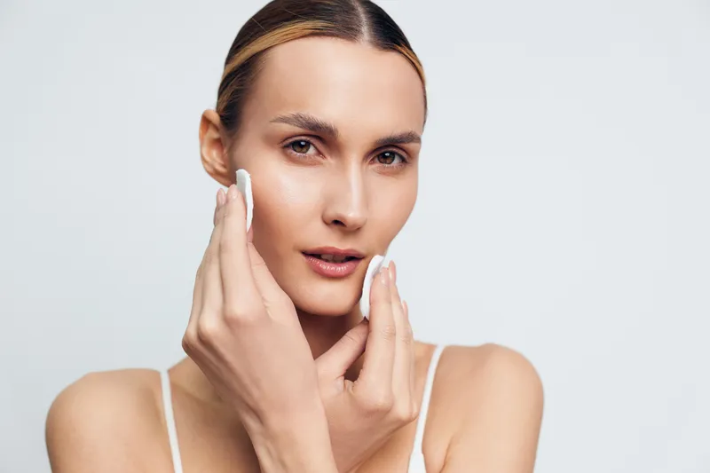 Young woman applying facial cream with cotton pads, clear skin, natural makeup, gentle skincare routine, soft lighting, neutral background, focused expression