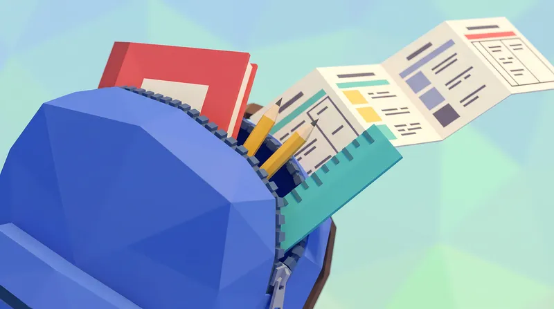 Крупный план в стиле low-poly рюкзака, блокнота, карандашей и школьных принадлежностей для рекламных акций к началу учебного года