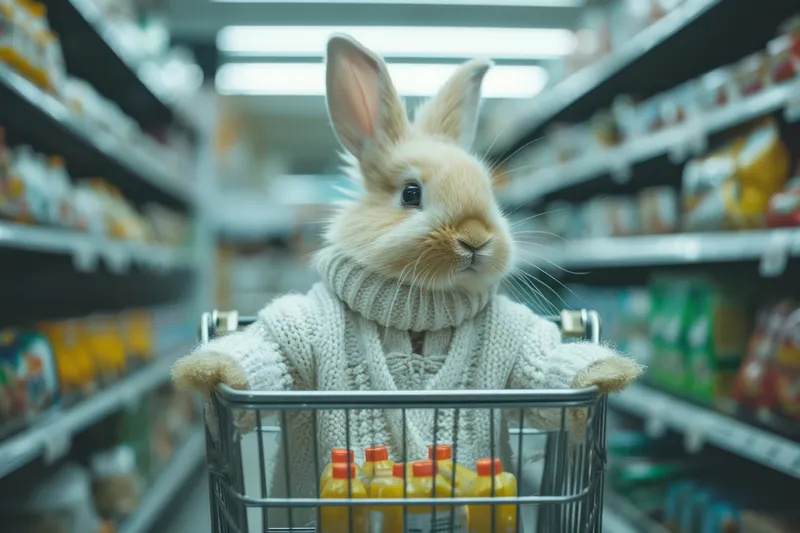Милый кролик с тележкой для продуктов в супермаркете: очаровательный, пушистый и радостный компаньон для покупок в продуктовом магазине