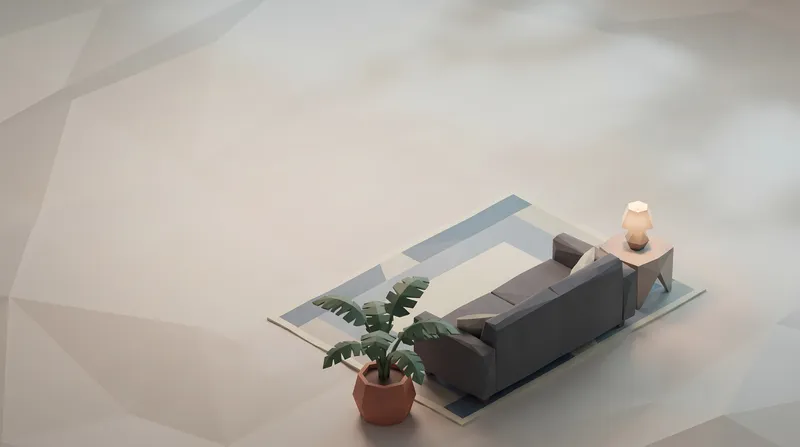 Вид сверху на интерьер комнаты в стиле low-poly с мебелью, растениями и чётким открытым пространством для дизайнерских презентаций, недвижимости или домашнего стиля