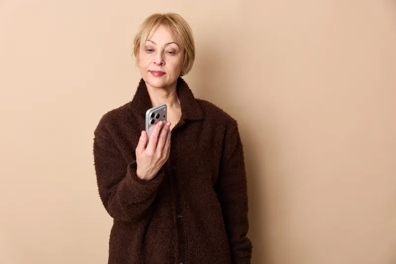 Senior woman indoors holding smartphone, calm thoughtful expression, wearing dark coat, beige studio background, using mobile communication and messaging, soft light