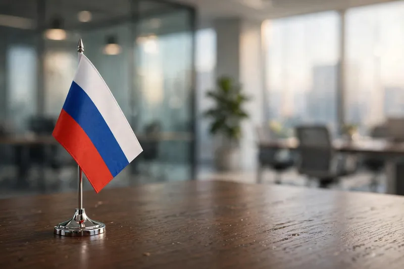 Флаг России на столе в светлом офисе