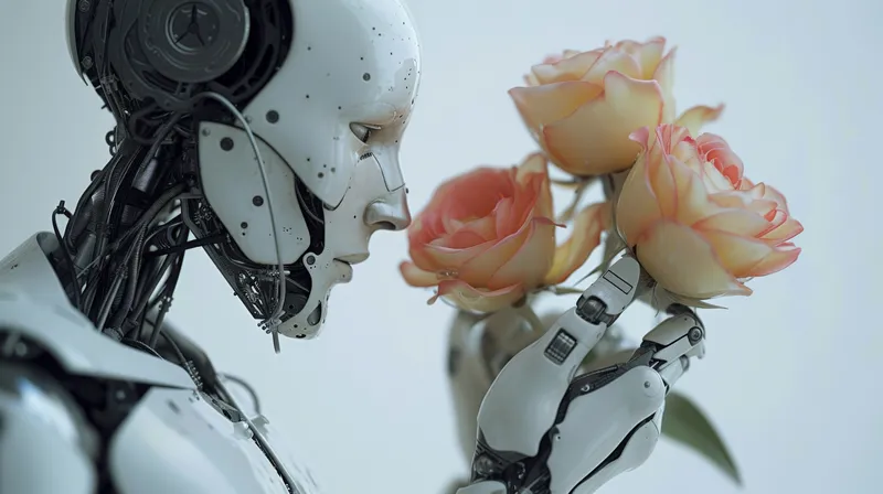 Футуристичный робот, держащий букет цветов на белом фоне, с надписями "robot" и "robot love"