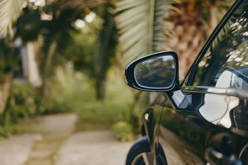 Car side mirror of a black car on a shaded driveway with palm trees and reflection on wet glass, closeup exterior detail showing glossy paint and tropical outdoor setting
