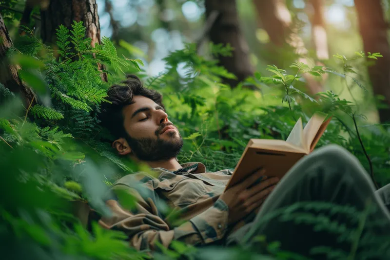 Мужчина читает книгу в безмятежном уединении леса, окруженный красотой природы