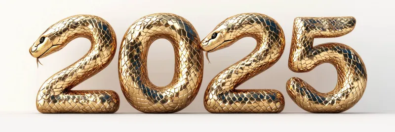 Блестящие золотые цифры «2025», стилизованные под змей, отражающие яркую и праздничную атмосферу, идеально подходят для праздничных и рекламных материалов к Новому году