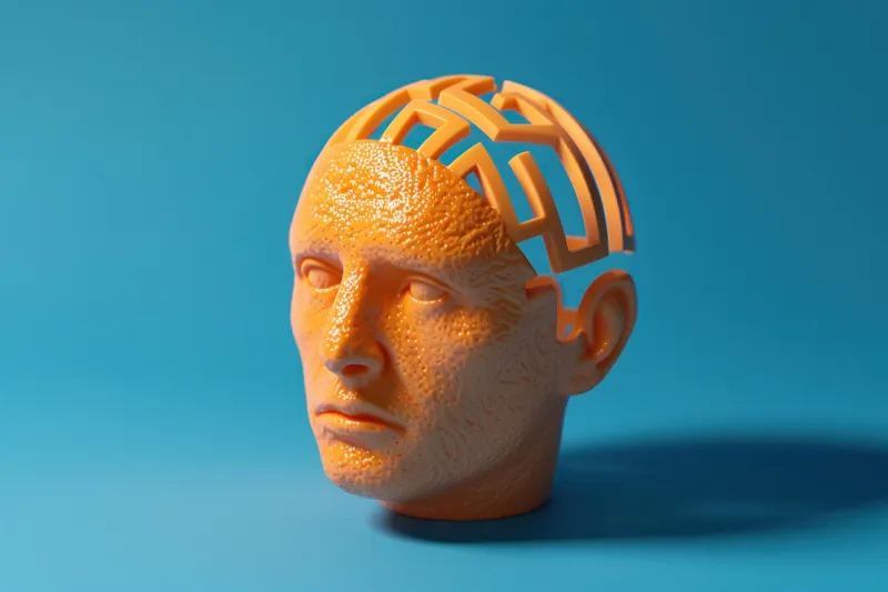 Скульптура мужского лица, напечатанная на 3D-принтере на синей поверхности, как художественное представление красоты и современных технологий