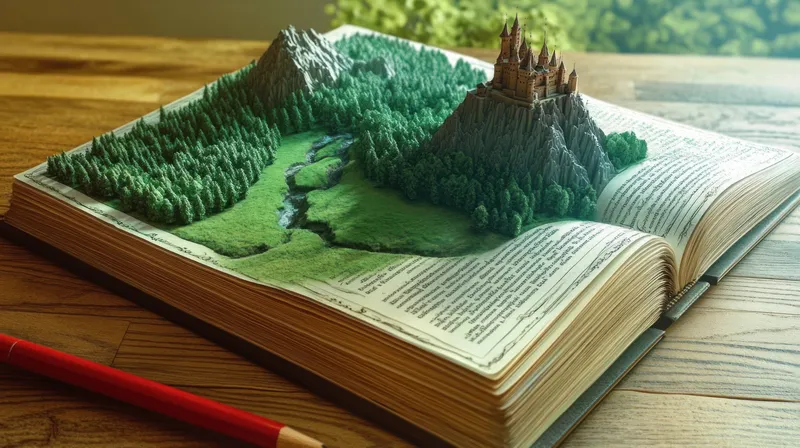 Потрясающая 3D-сцена с изображением гор, лесов и замка, появляющихся из открытой книги, иллюстрирующая волшебные приключения, скрытые в литературе, и сочетающая воображение с природой