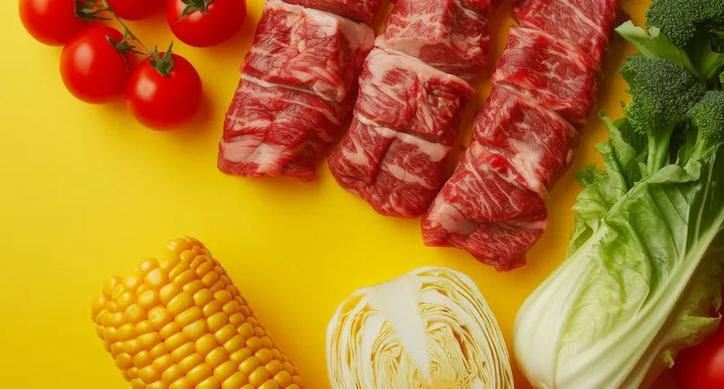 Свежий сырой говяжий стейк, красочные овощи и спелая кукуруза на желтом фоне