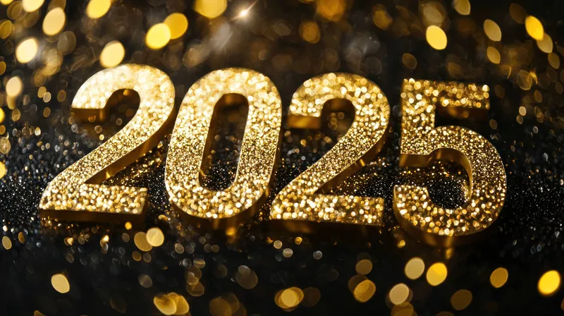Сверкающие золотые цифры 2025 на фоне боке, символизирующие новогодние празднования, мерцание и радостное предвкушение предстоящих моментов
