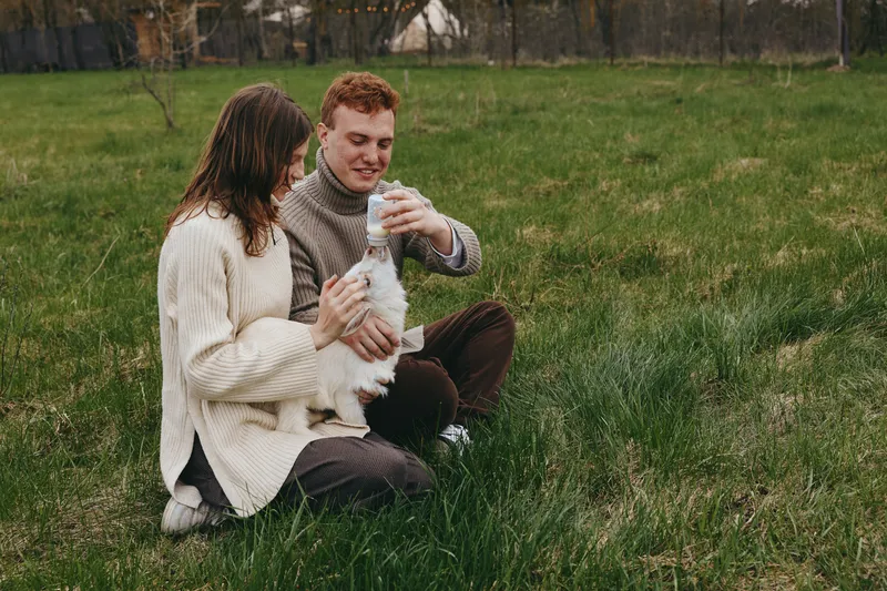 Cheerful couple outdoors, cuddling a playful goat kid, gentle interaction in a sunlit field, warm tones, relaxed mood, natural scenery, candid moment, genuine connection, simple lifestyle