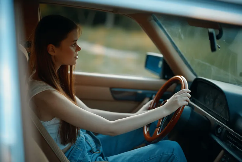 Young woman with long hair driving a vintage car, embodying a sense of freedom and adventure in a serene outdoor setting.