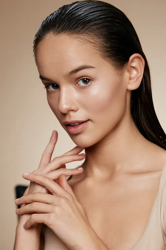 Portrait of a young woman with wet hair, natural makeup, and glowing skin, showcasing beauty and confidence in a soft, minimalistic setting