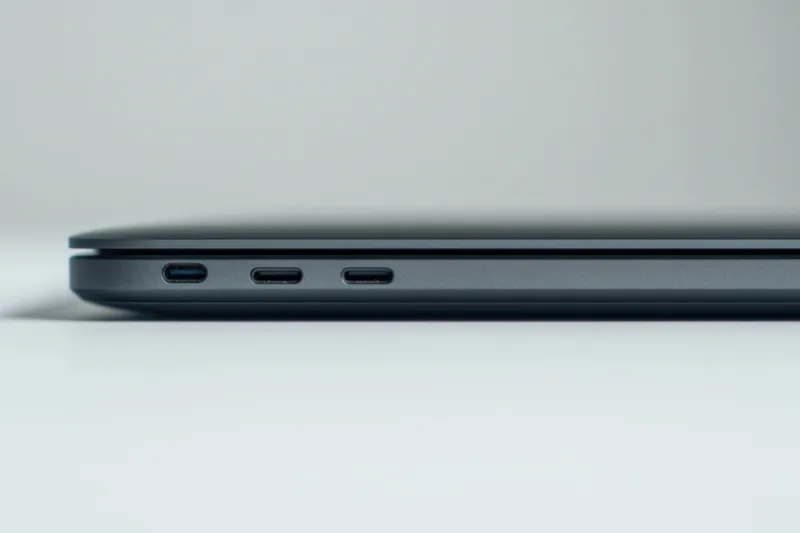 Крупный план современного ноутбука с акцентом на порты USB-C, идеально подходит для изображений, связанных с технологиями, инновациями и профессиональным рабочим пространством