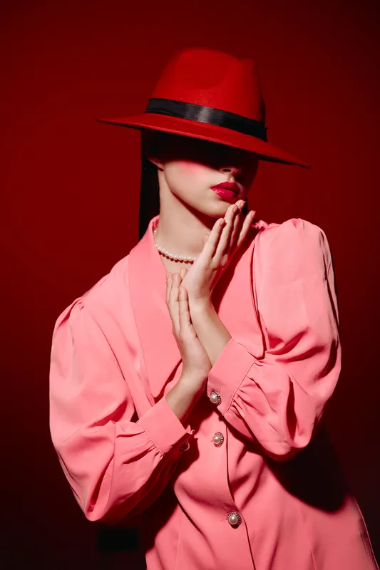 Fashionable woman in a bright red hat and pink dress poses with mysterious face partially covered against a red background. Creative beauty composition emphasizing colors.