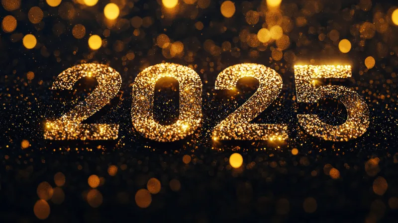 Золотые цифры 2025, освещенные огоньками боке, создают яркое и праздничное настроение, идеально подходящее для новогодних тем и праздничных маркетинговых материалов