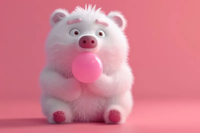 Белый медведь с розовым мячом в пасти, 3D-иллюстрация, стоящая в заснеженном пейзаже