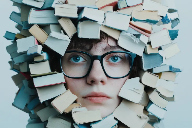 Молодой человек в очках, окруженный разноцветными книгами, с задумчивым выражением лица