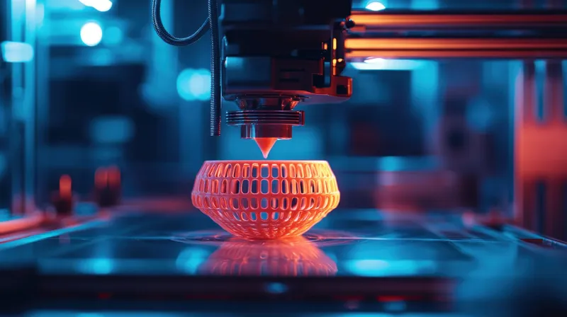 Крупный план 3D-принтера, создающего яркий оранжевый дизайн, подчёркивающий инновационные технологии и сложные детали на потрясающем синем фоне