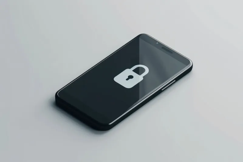 Элегантный черный смартфон с изображением значка замка на экране на мягком светло-сером фоне, символизирующий защиту данных