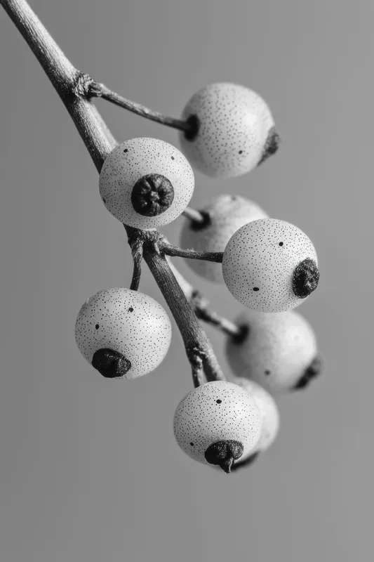 Элегантная черно-белая фотография грозди мелких белых ягод на тонкой ветке