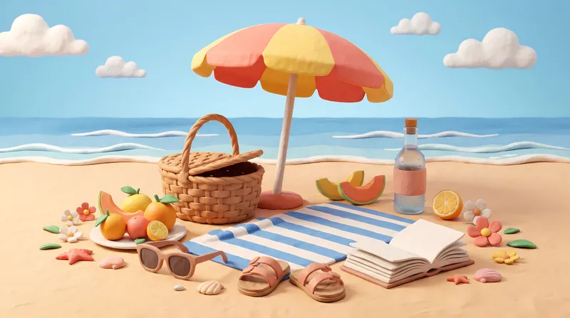 Центрированная 3D-сцена летнего пикника из глины: зонт, корзина, фрукты и настроение у берега