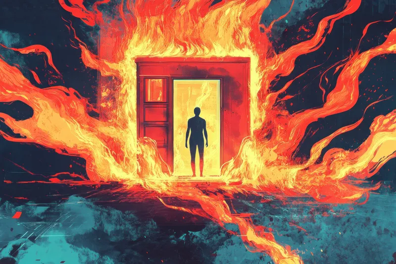 Драматическая иллюстрация силуэта на фоне огненного неба, символизирующая личные испытания, стойкость и борьбу с непреодолимыми препятствиями