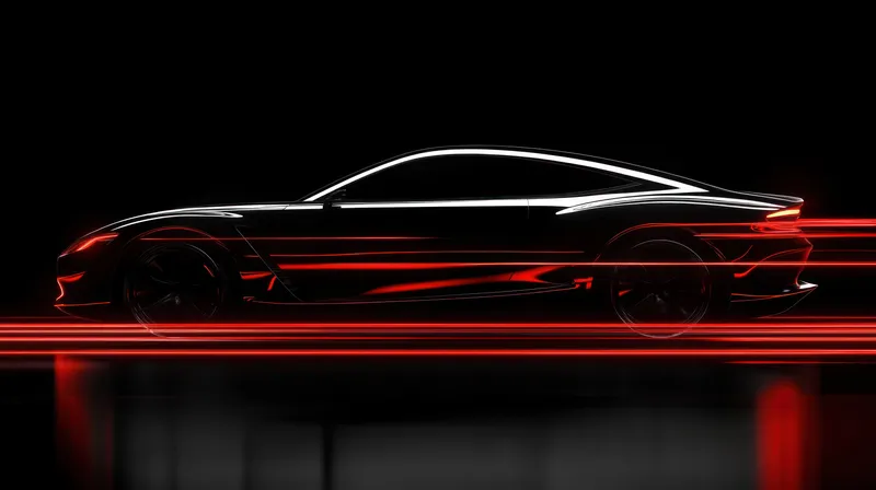Современный черный силуэт спортивного автомобиля представлен в элегантном дизайне с красными световыми следами, символизирующими скорость, на темном фоне, вызывая ощущение энергии и элегантности