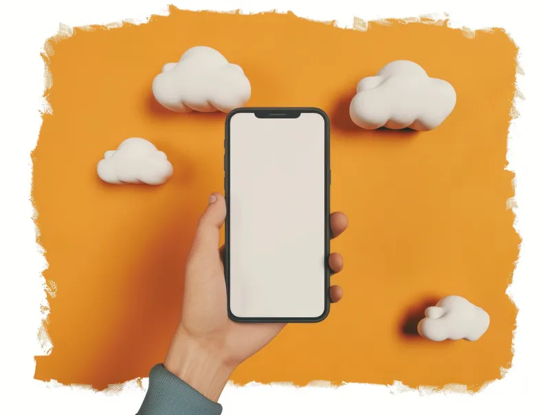 Рука, держащая iPhone с пустым экраном на фоне белых облаков на оранжевом фоне