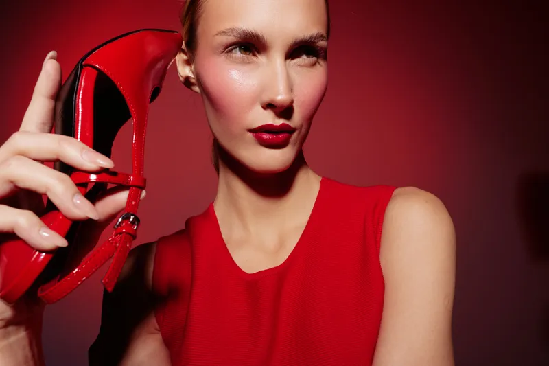 Stylish woman in red dress holds red high heel shoe near face against red background. Fashion concept with bold makeup and confident expression in studio lighting.