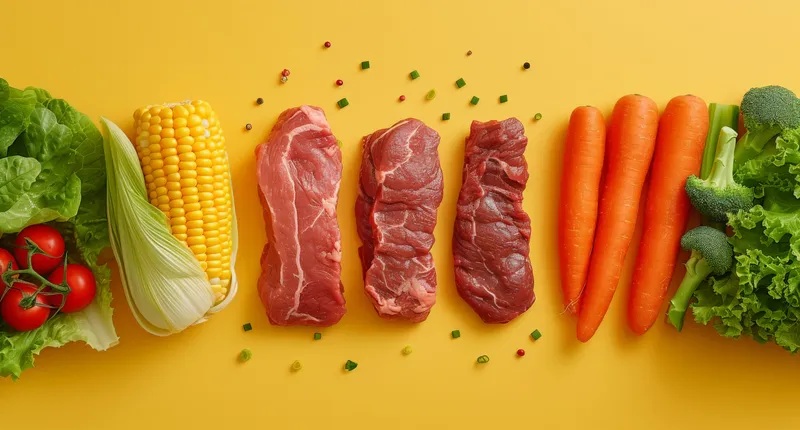Свежее сырое мясо, разноцветные овощи и сладкая кукуруза на ярко-жёлтом фоне, вид сверху