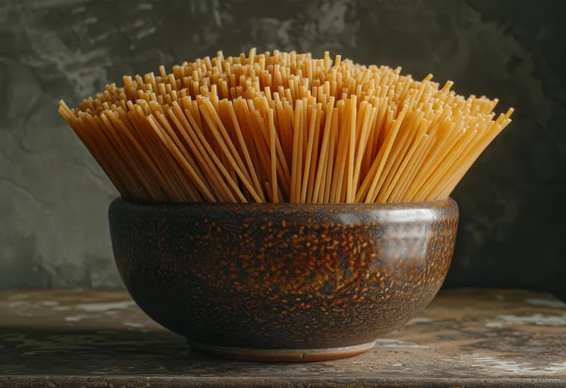 Вкусное блюдо из спагетти в деревенской коричневой миске на деревянном столе на фоне стены